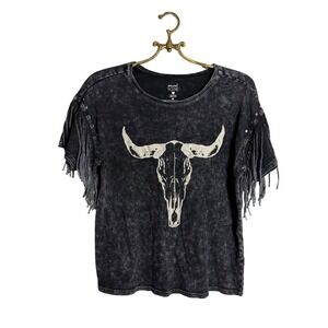 Social Scene Acid Wash Black Bull Skull Fringe Studded Graphic T-Shirt Womens M